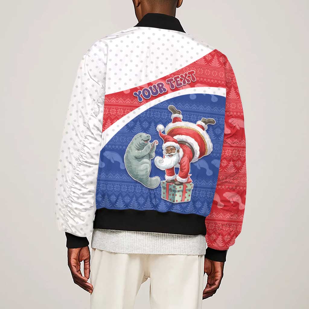 Personalized Cape Verde Christmas Sleeve Zip Bomber Jacket Black Santa Clause With The Manatee - African Pride