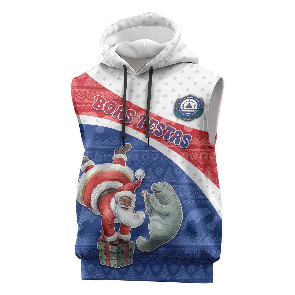 Personalized Cape Verde Christmas Sleeveless Hoodie Black Santa Clause With The Manatee - African Pride