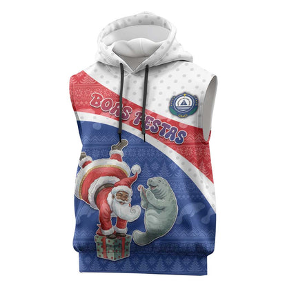 Personalized Cape Verde Christmas Sleeveless Hoodie Black Santa Clause With The Manatee - African Pride