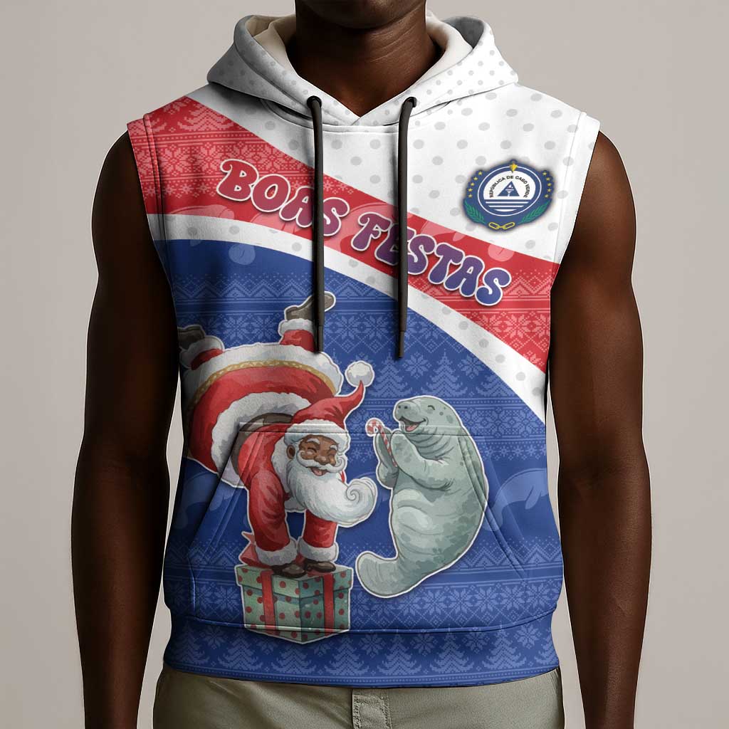 Personalized Cape Verde Christmas Sleeveless Hoodie Black Santa Clause With The Manatee - African Pride