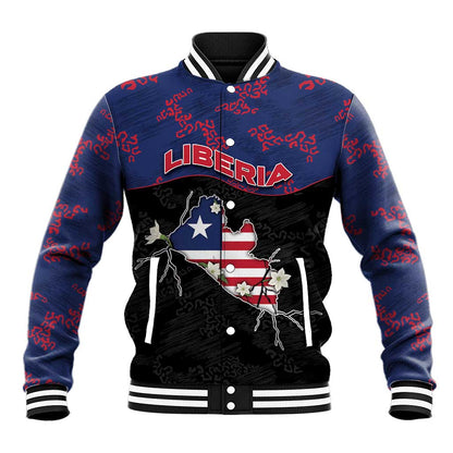Personalized Liberia Baseball Jacket Map With Pepper Flowers Scratch Texture