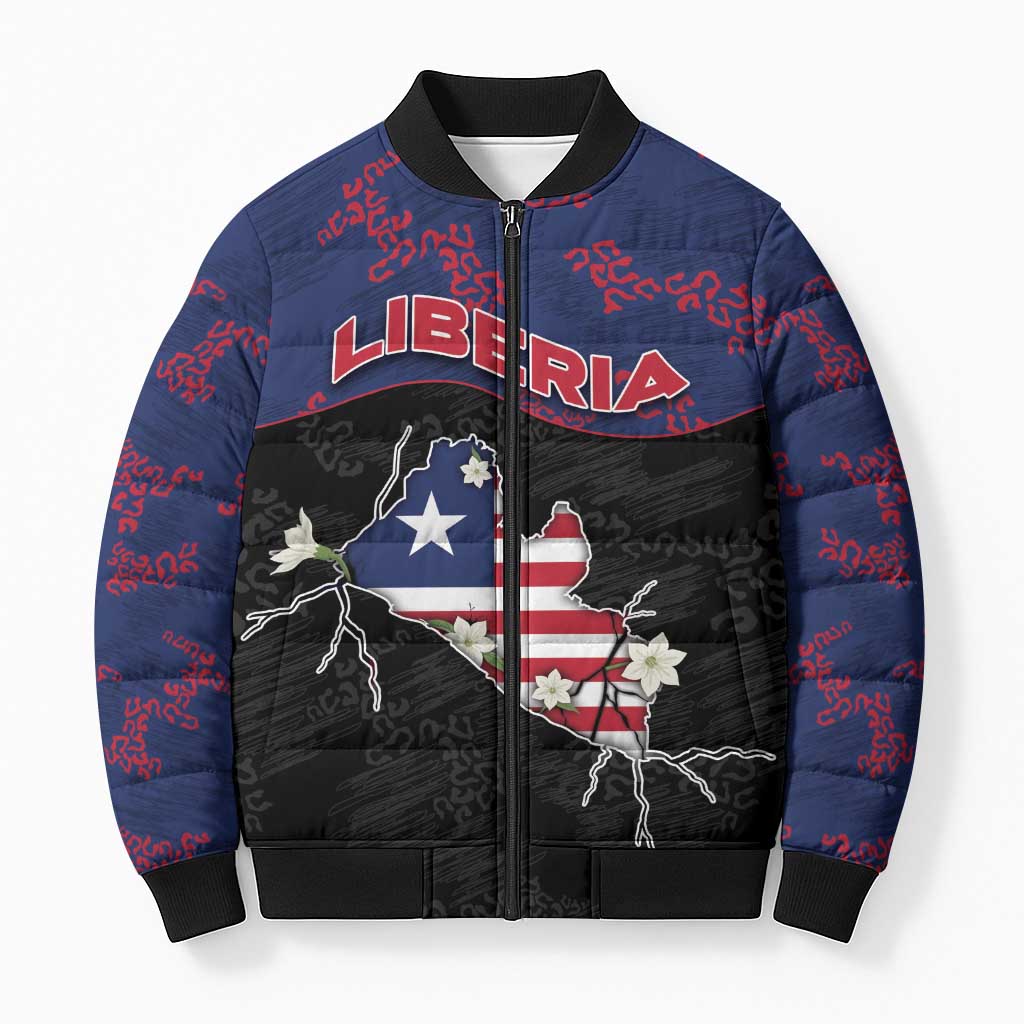 Personalized Liberia Bomber Puffer Jacket Map With Pepper Flowers Scratch Texture