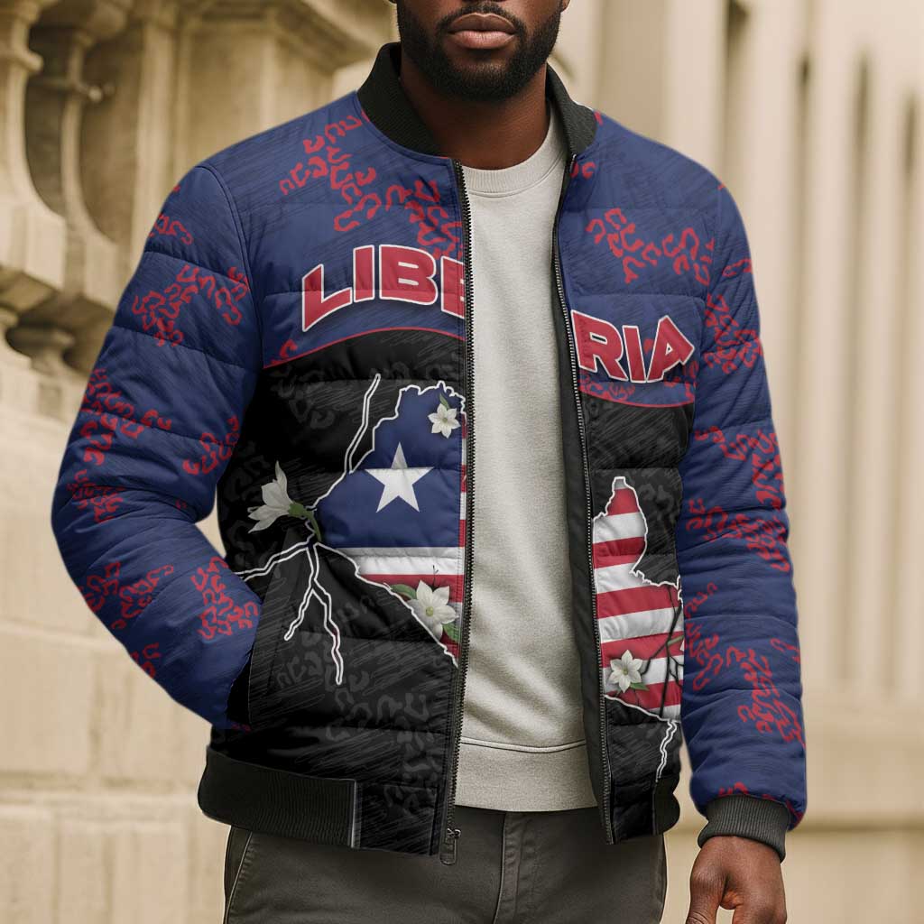 Personalized Liberia Bomber Puffer Jacket Map With Pepper Flowers Scratch Texture