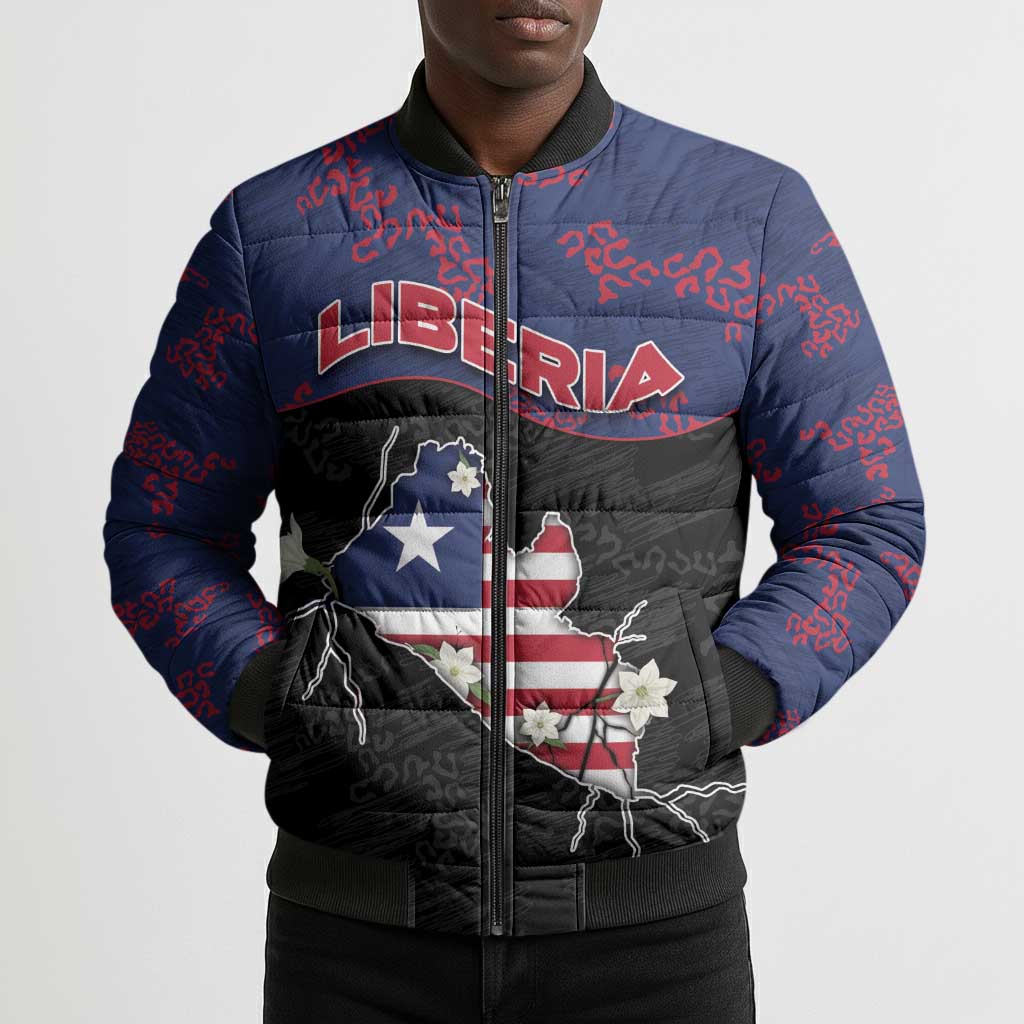 Personalized Liberia Bomber Puffer Jacket Map With Pepper Flowers Scratch Texture