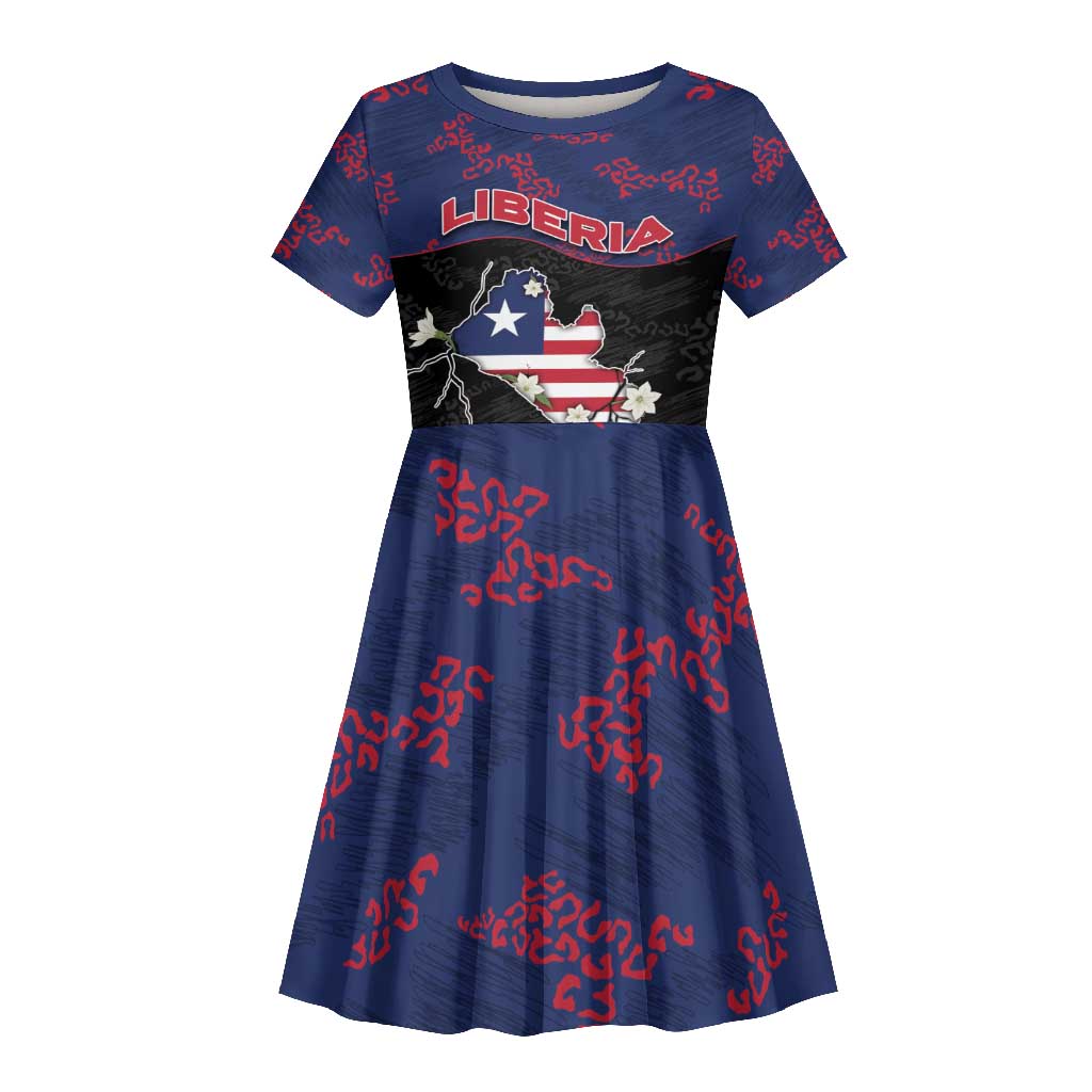 Personalized Liberia Kid Short Sleeve Dress Map With Pepper Flowers Scratch Texture