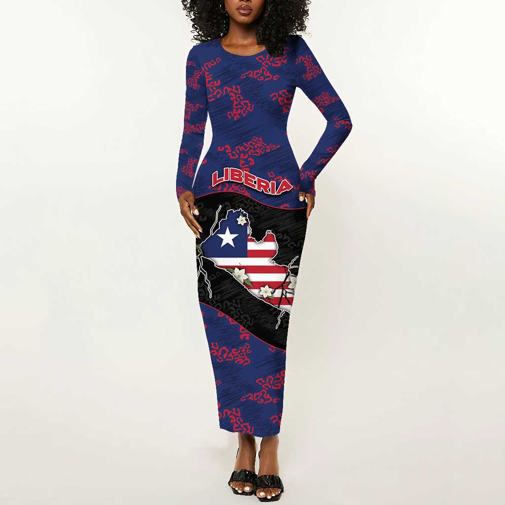 Personalized Liberia Long Sleeve Bodycon Dress Map With Pepper Flowers Scratch Texture