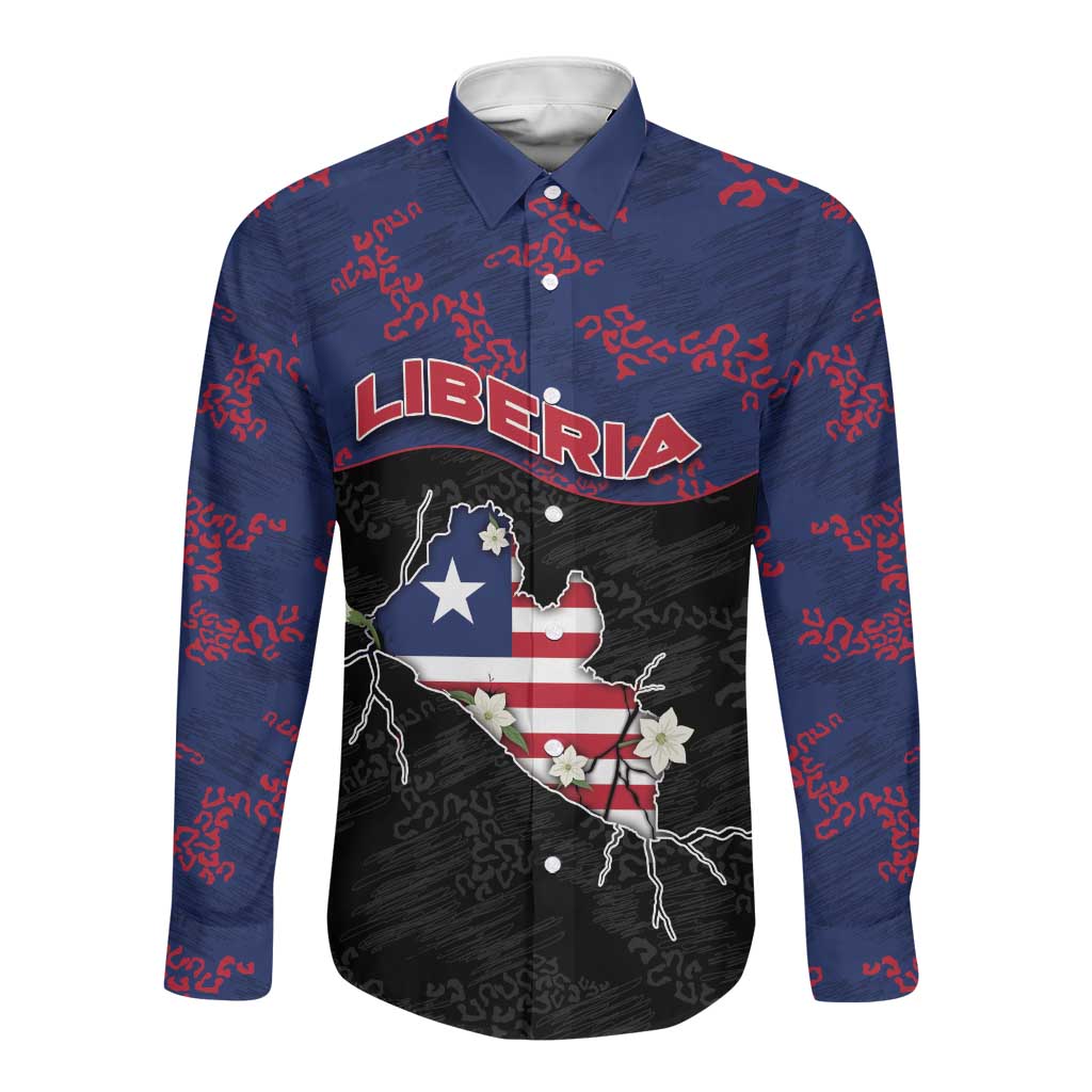 Personalized Liberia Long Sleeve Button Shirt Map With Pepper Flowers Scratch Texture