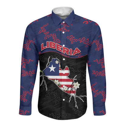 Personalized Liberia Long Sleeve Button Shirt Map With Pepper Flowers Scratch Texture