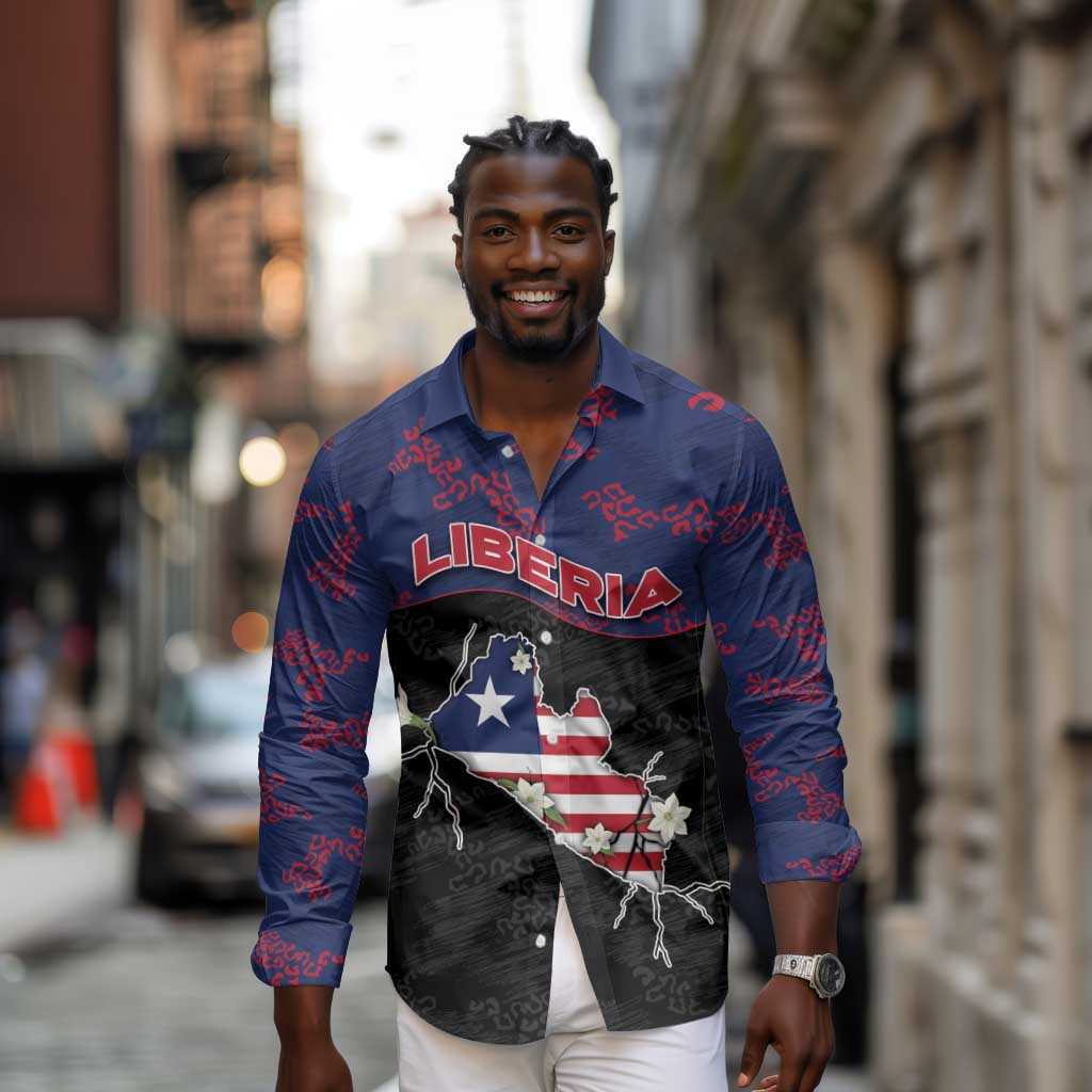 Personalized Liberia Long Sleeve Button Shirt Map With Pepper Flowers Scratch Texture