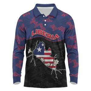 Personalized Liberia Long Sleeve Polo Shirt Map With Pepper Flowers Scratch Texture