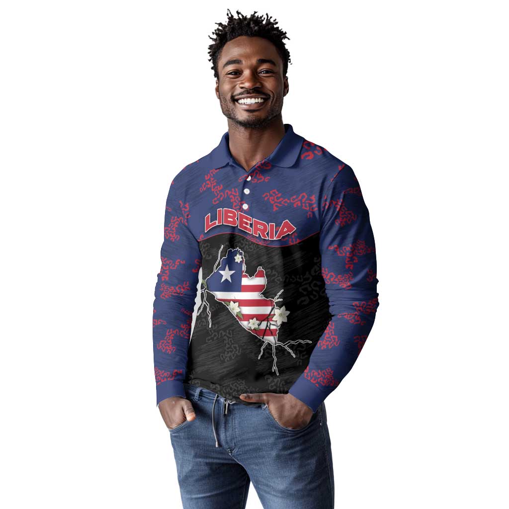 Personalized Liberia Long Sleeve Polo Shirt Map With Pepper Flowers Scratch Texture