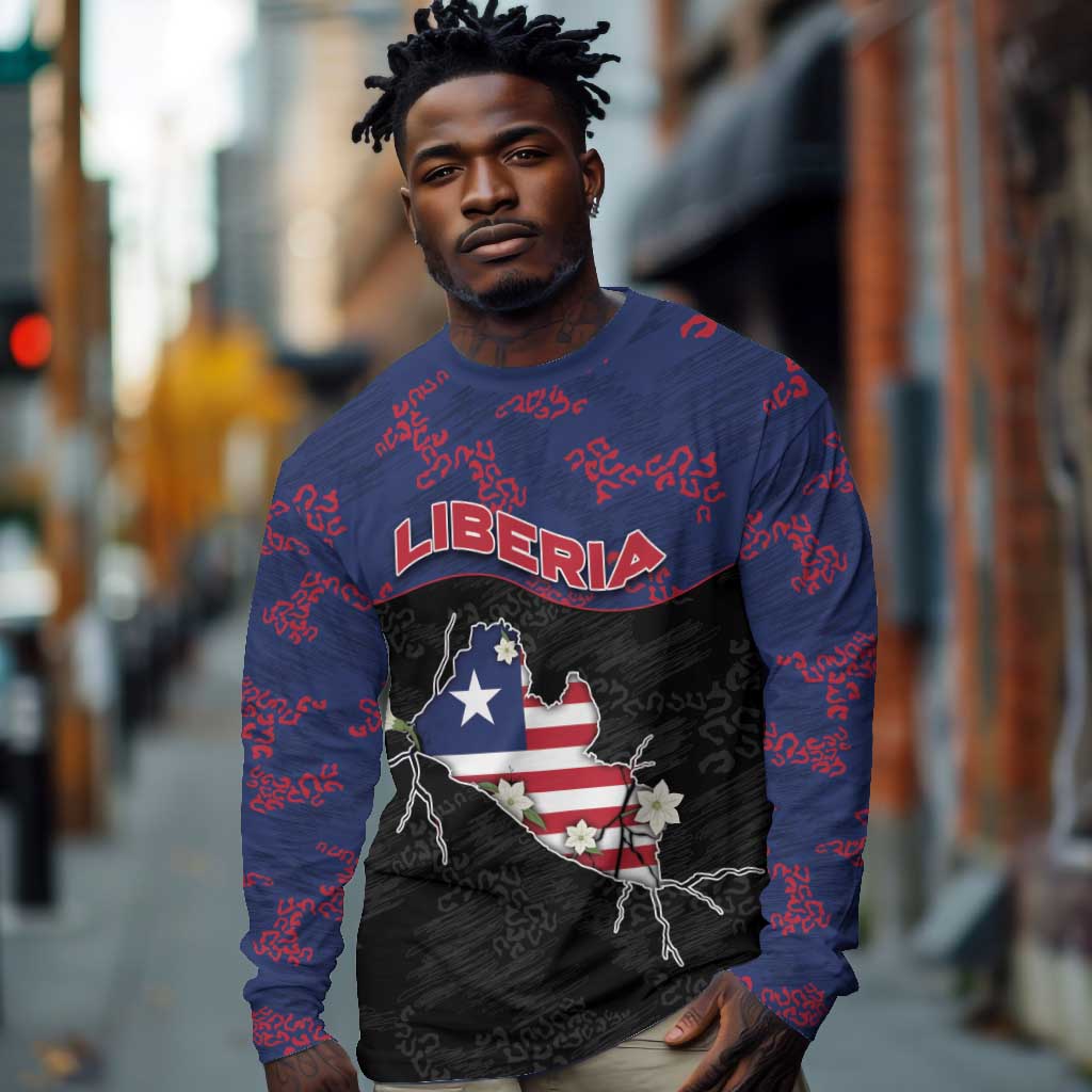 Personalized Liberia Long Sleeve Shirt Map With Pepper Flowers Scratch Texture