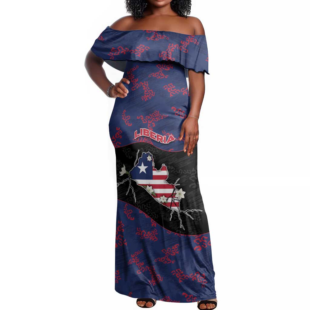 Personalized Liberia Off Shoulder Maxi Dress Map With Pepper Flowers Scratch Texture