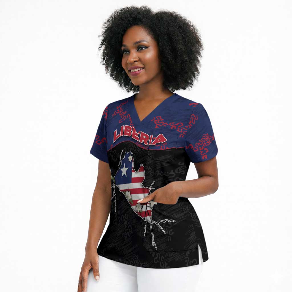 Personalized Liberia Scrub Top Map With Pepper Flowers Scratch Texture