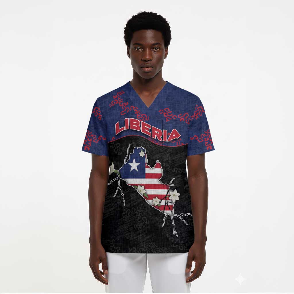 Personalized Liberia Scrub Top Map With Pepper Flowers Scratch Texture