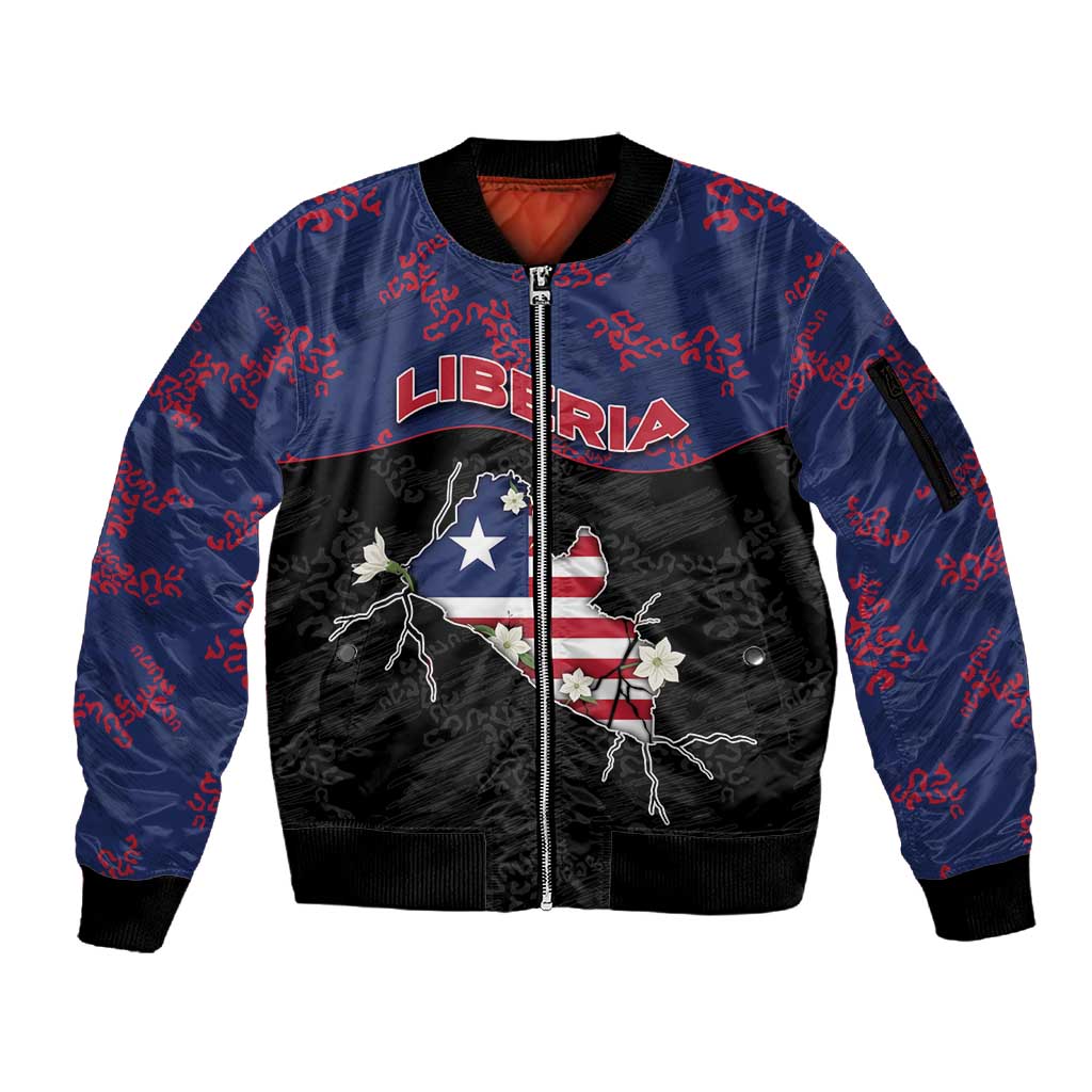 Personalized Liberia Sleeve Zip Bomber Jacket Map With Pepper Flowers Scratch Texture