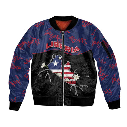 Personalized Liberia Sleeve Zip Bomber Jacket Map With Pepper Flowers Scratch Texture