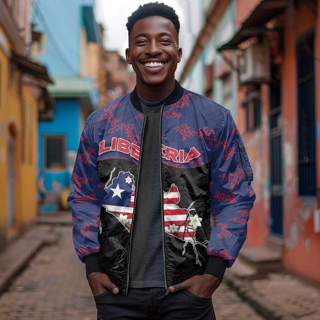 Personalized Liberia Sleeve Zip Bomber Jacket Map With Pepper Flowers Scratch Texture