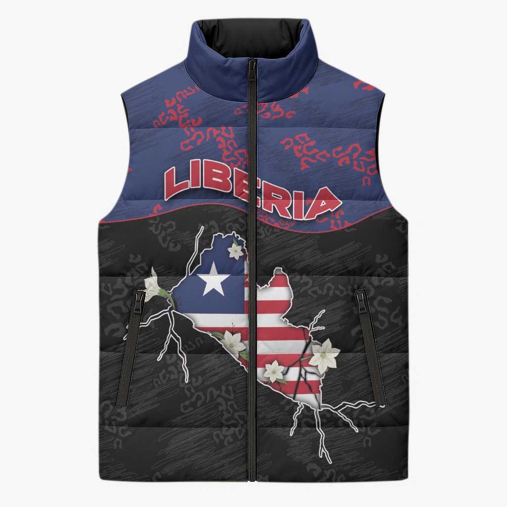 Personalized Liberia Sleeveless Puffer Jacket Map With Pepper Flowers Scratch Texture