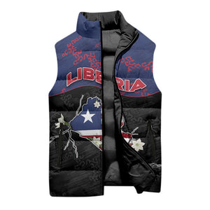 Personalized Liberia Sleeveless Puffer Jacket Map With Pepper Flowers Scratch Texture