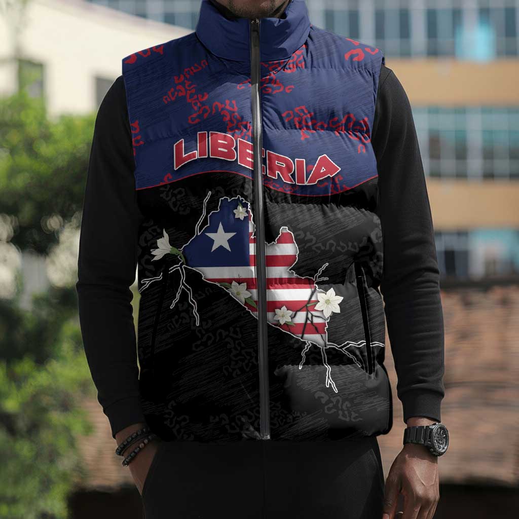 Personalized Liberia Sleeveless Puffer Jacket Map With Pepper Flowers Scratch Texture