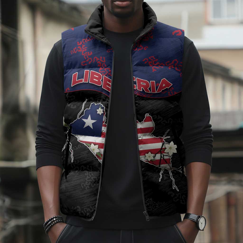 Personalized Liberia Sleeveless Puffer Jacket Map With Pepper Flowers Scratch Texture