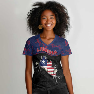 Personalized Liberia Women V-Neck T-Shirt Map With Pepper Flowers Scratch Texture