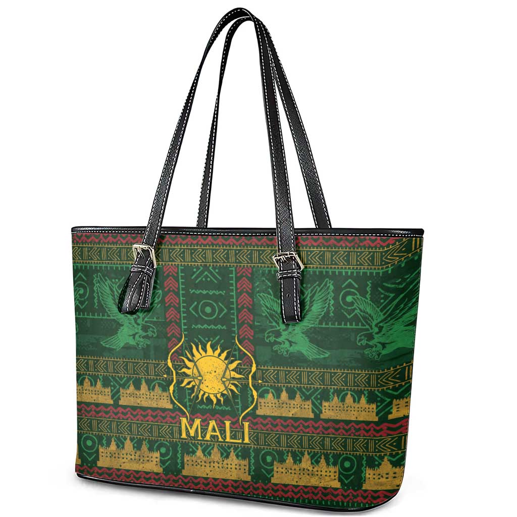 Mali Leather Tote Bag Golden Sun And Mosque Patterns Retro Style