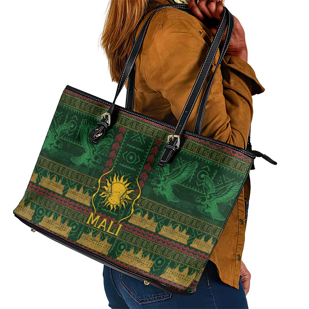 Mali Leather Tote Bag Golden Sun And Mosque Patterns Retro Style