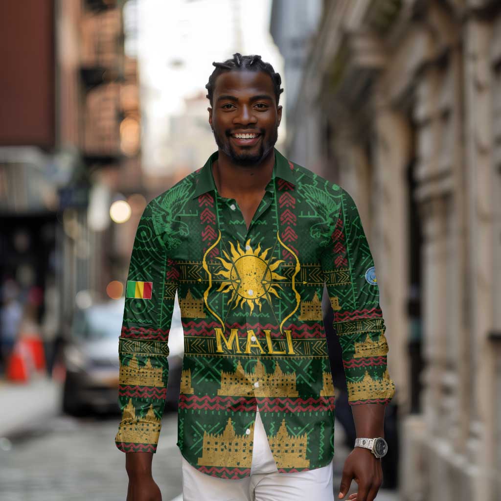Mali Long Sleeve Button Shirt Golden Sun And Mosque Patterns Retro Style