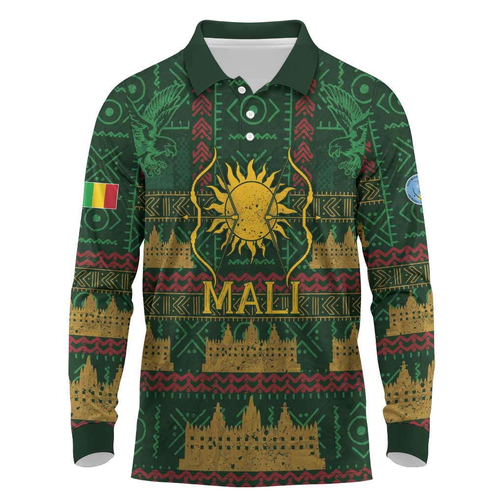 Mali Long Sleeve Polo Shirt Golden Sun And Mosque Patterns Retro Style