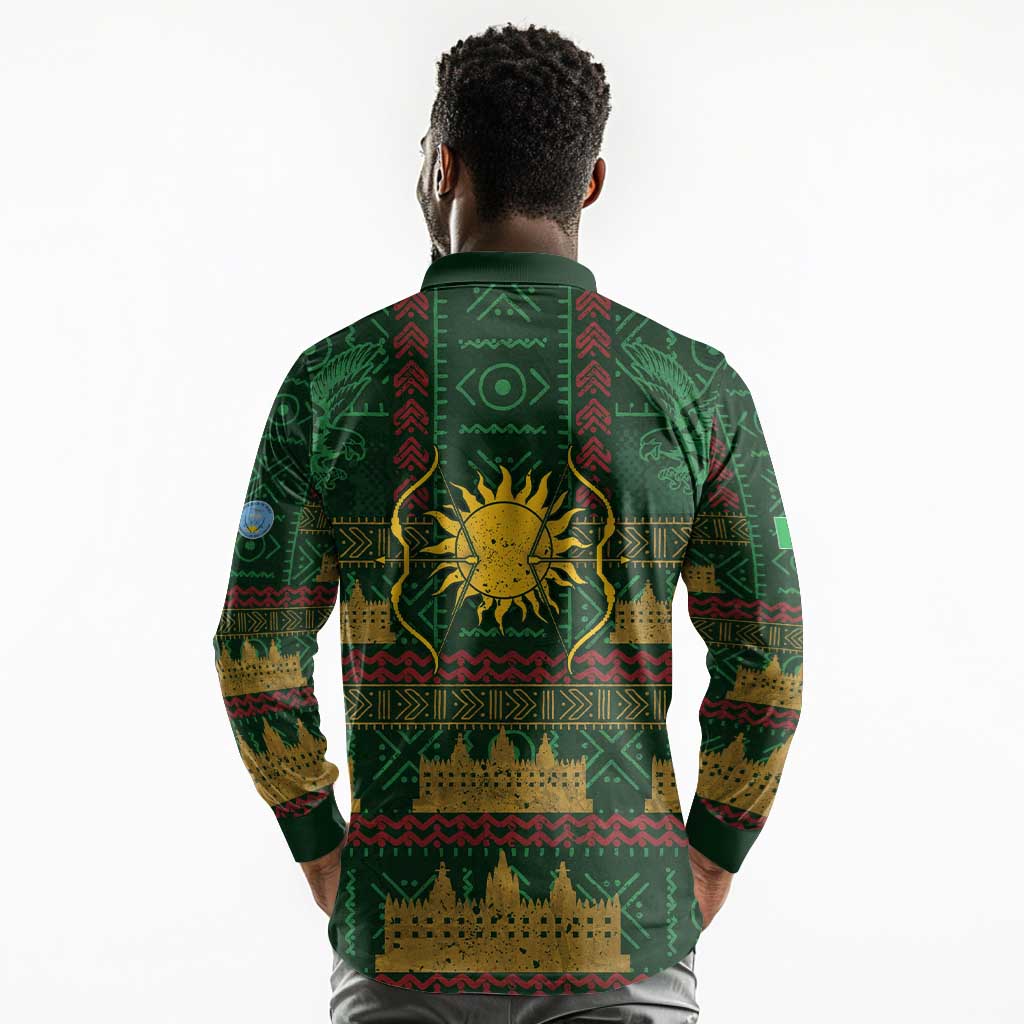 Mali Long Sleeve Polo Shirt Golden Sun And Mosque Patterns Retro Style