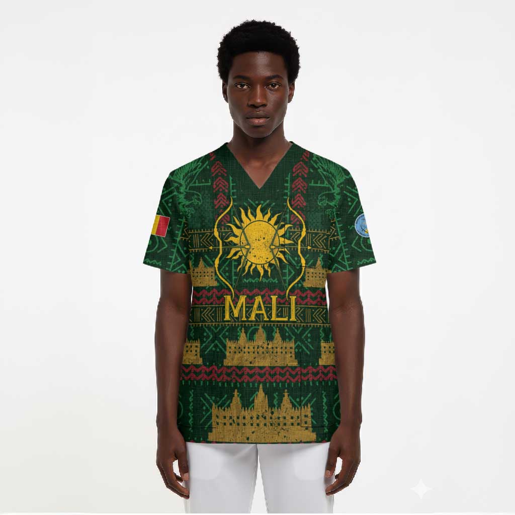 Mali Scrub Top Golden Sun And Mosque Patterns Retro Style