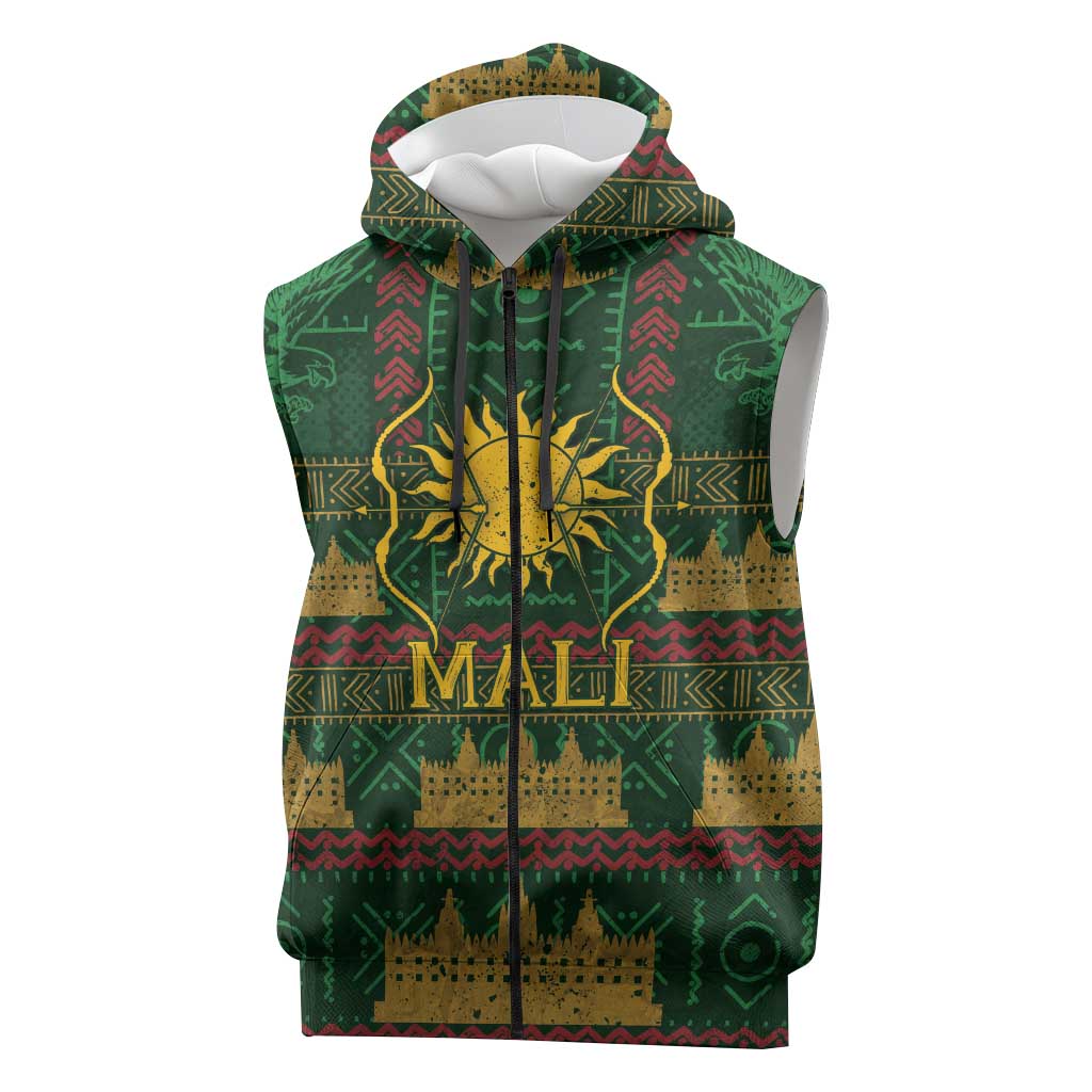 Mali Sleeveless Zip Hoodie Golden Sun And Mosque Patterns Retro Style
