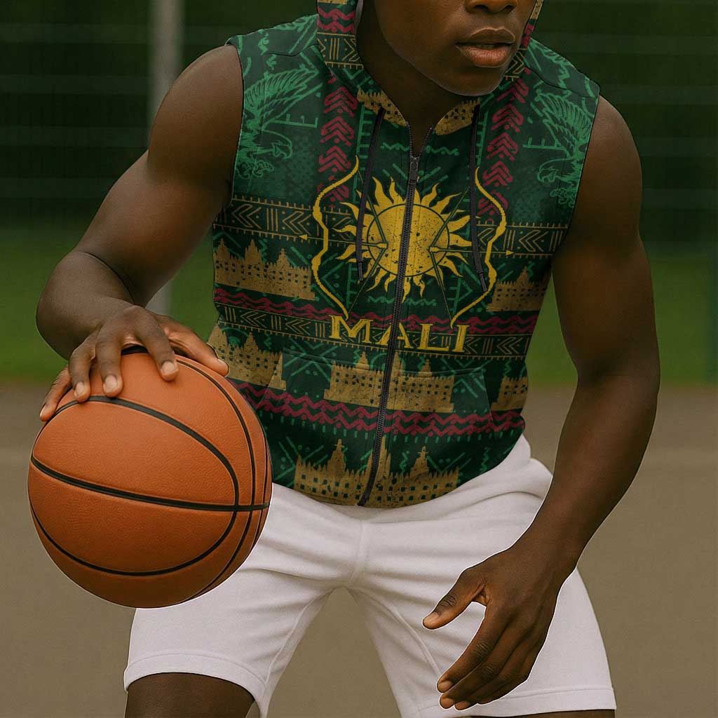Mali Sleeveless Zip Hoodie Golden Sun And Mosque Patterns Retro Style