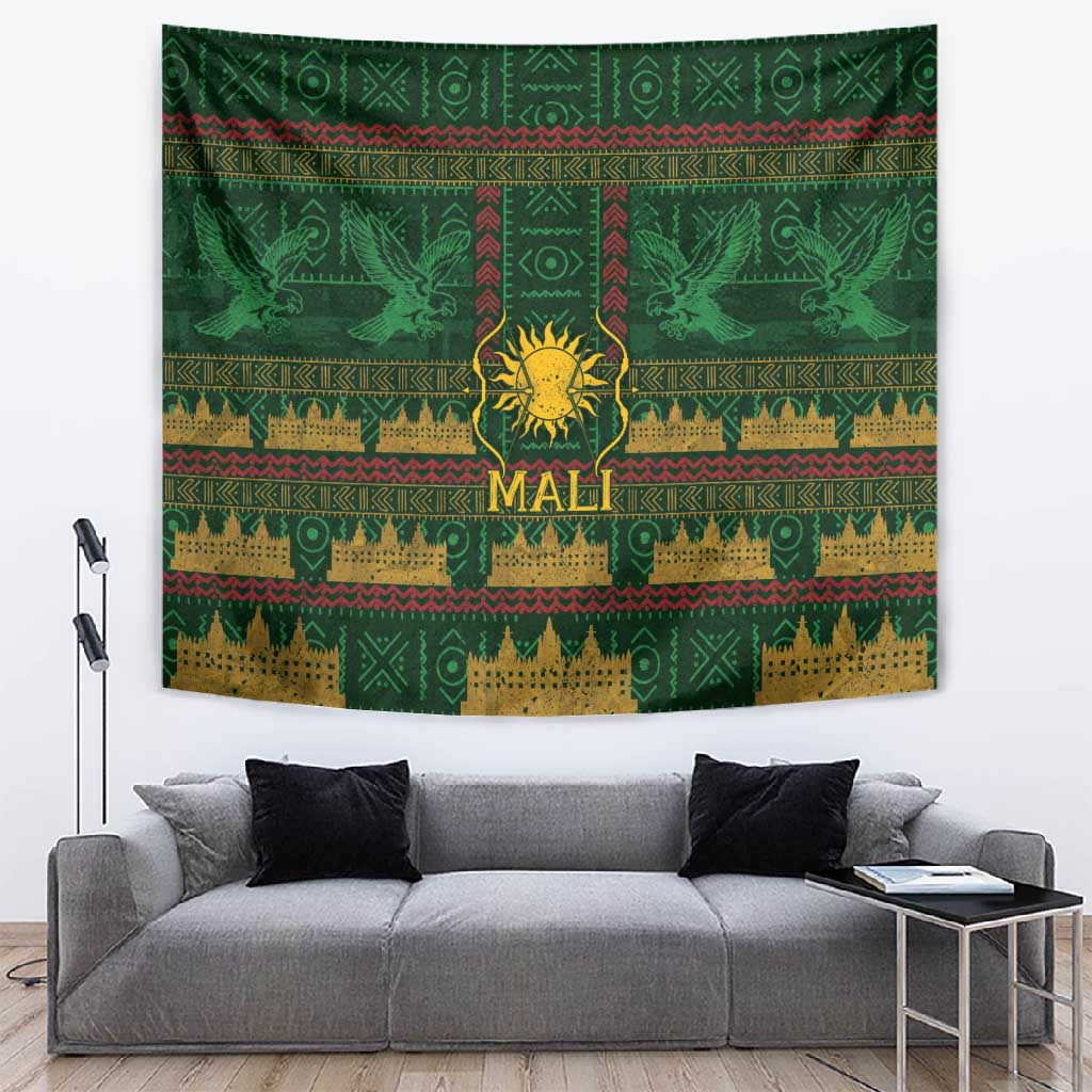 Mali Tapestry Golden Sun And Mosque Patterns Retro Style