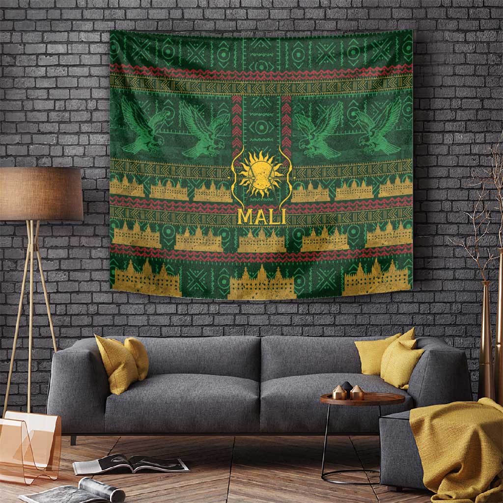 Mali Tapestry Golden Sun And Mosque Patterns Retro Style