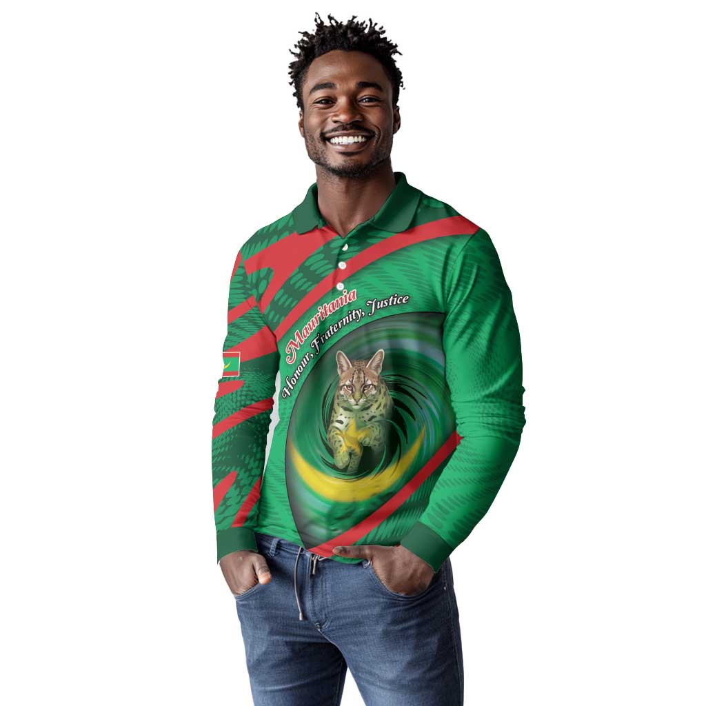 Personalized Mauritania Long Sleeve Polo Shirt African Wildcat From Richat Structure