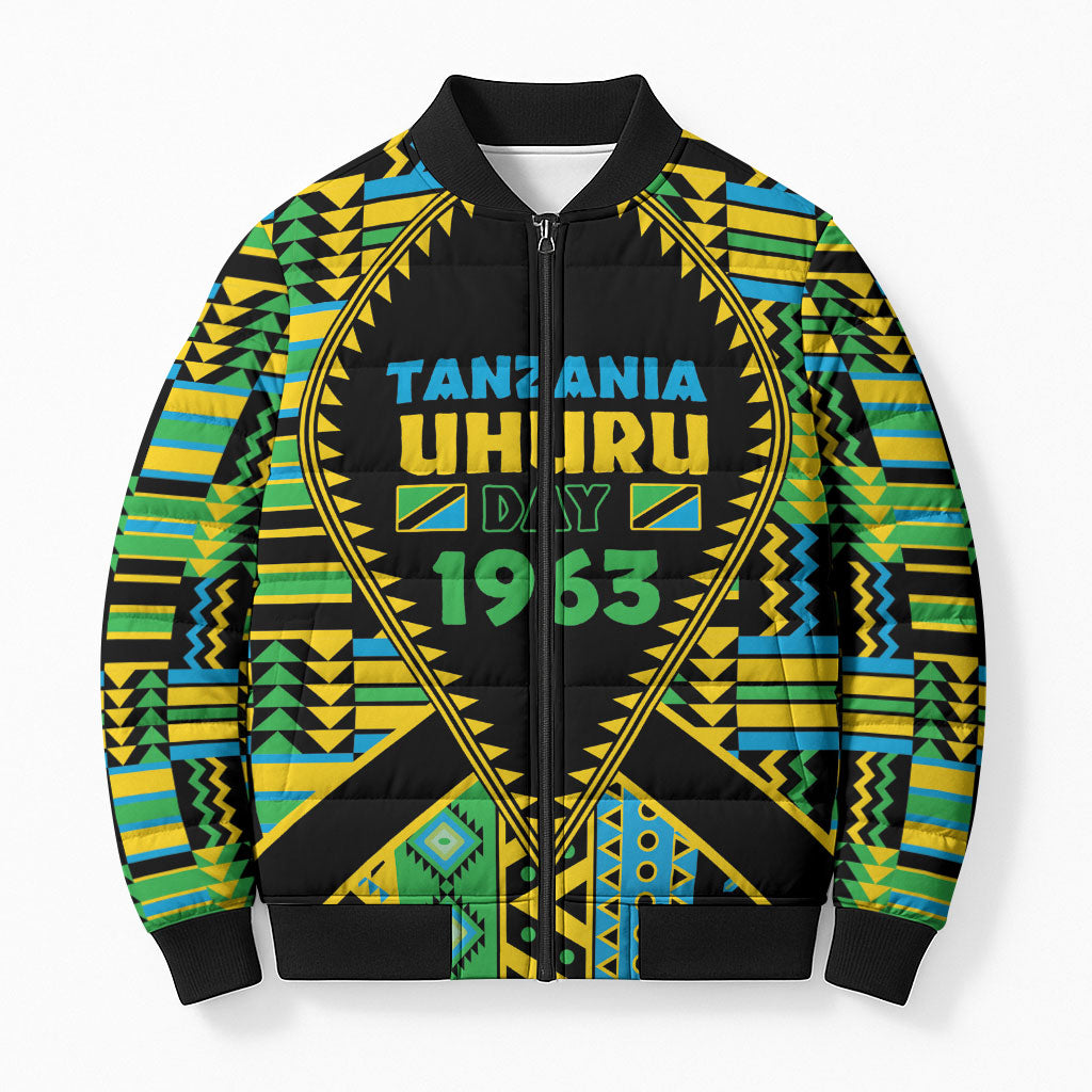 Personalized Tanzania Independence Day Bomber Puffer Jacket Uhuru 1963 African Shield Tribal Pattern