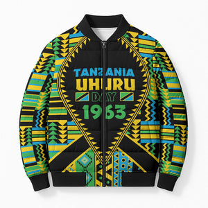 Personalized Tanzania Independence Day Bomber Puffer Jacket Uhuru 1963 African Shield Tribal Pattern