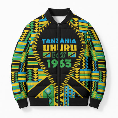 Personalized Tanzania Independence Day Bomber Puffer Jacket Uhuru 1963 African Shield Tribal Pattern