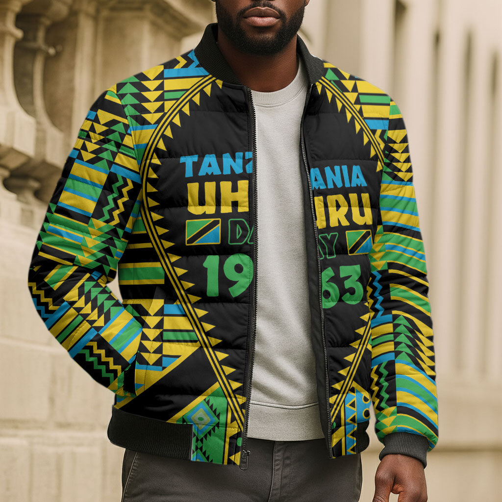 Personalized Tanzania Independence Day Bomber Puffer Jacket Uhuru 1963 African Shield Tribal Pattern