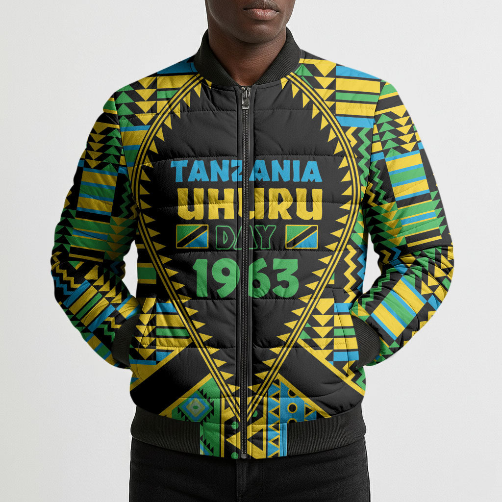 Personalized Tanzania Independence Day Bomber Puffer Jacket Uhuru 1963 African Shield Tribal Pattern