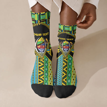 Personalized Tanzania Independence Day Crew Socks Uhuru 1963 African Shield Tribal Pattern