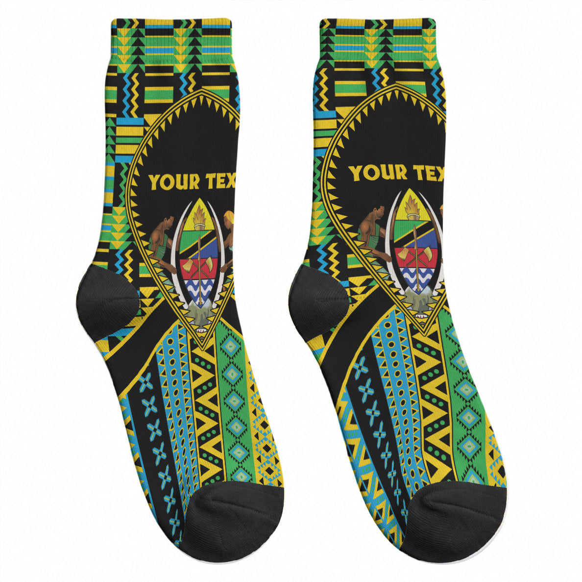 Personalized Tanzania Independence Day Crew Socks Uhuru 1963 African Shield Tribal Pattern