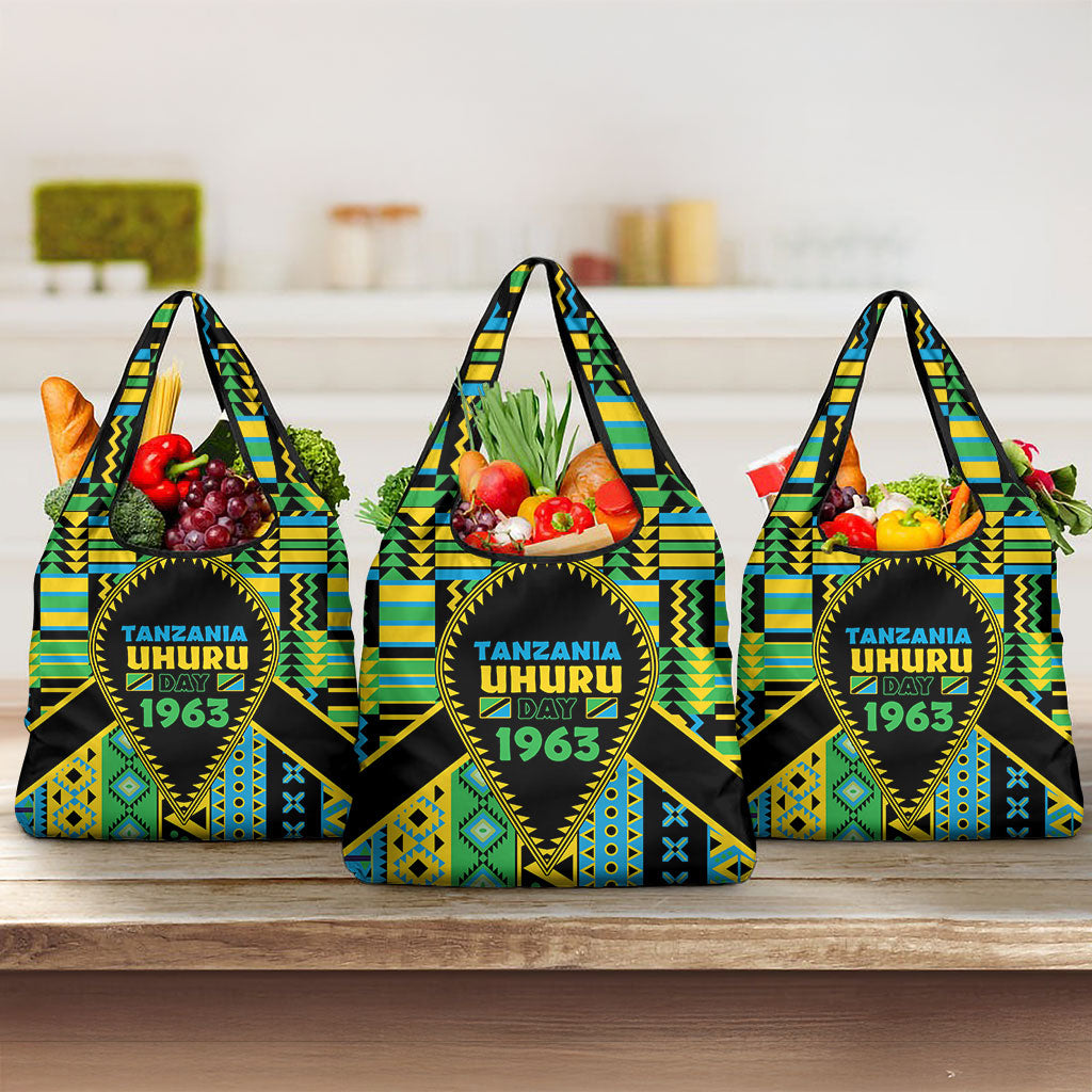 Tanzania Independence Day Grocery Bag Uhuru 1963 African Shield Tribal Pattern
