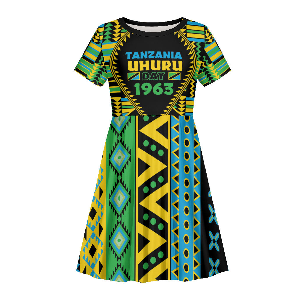 Personalized Tanzania Independence Day Kid Short Sleeve Dress Uhuru 1963 African Shield Tribal Pattern
