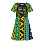 Personalized Tanzania Independence Day Kid Short Sleeve Dress Uhuru 1963 African Shield Tribal Pattern