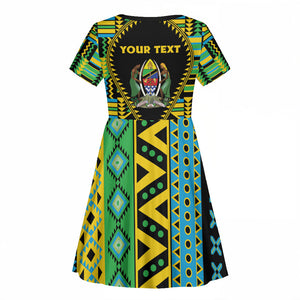 Personalized Tanzania Independence Day Kid Short Sleeve Dress Uhuru 1963 African Shield Tribal Pattern