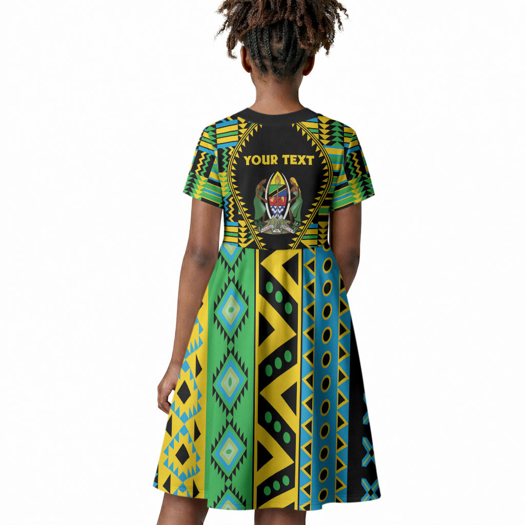 Personalized Tanzania Independence Day Kid Short Sleeve Dress Uhuru 1963 African Shield Tribal Pattern